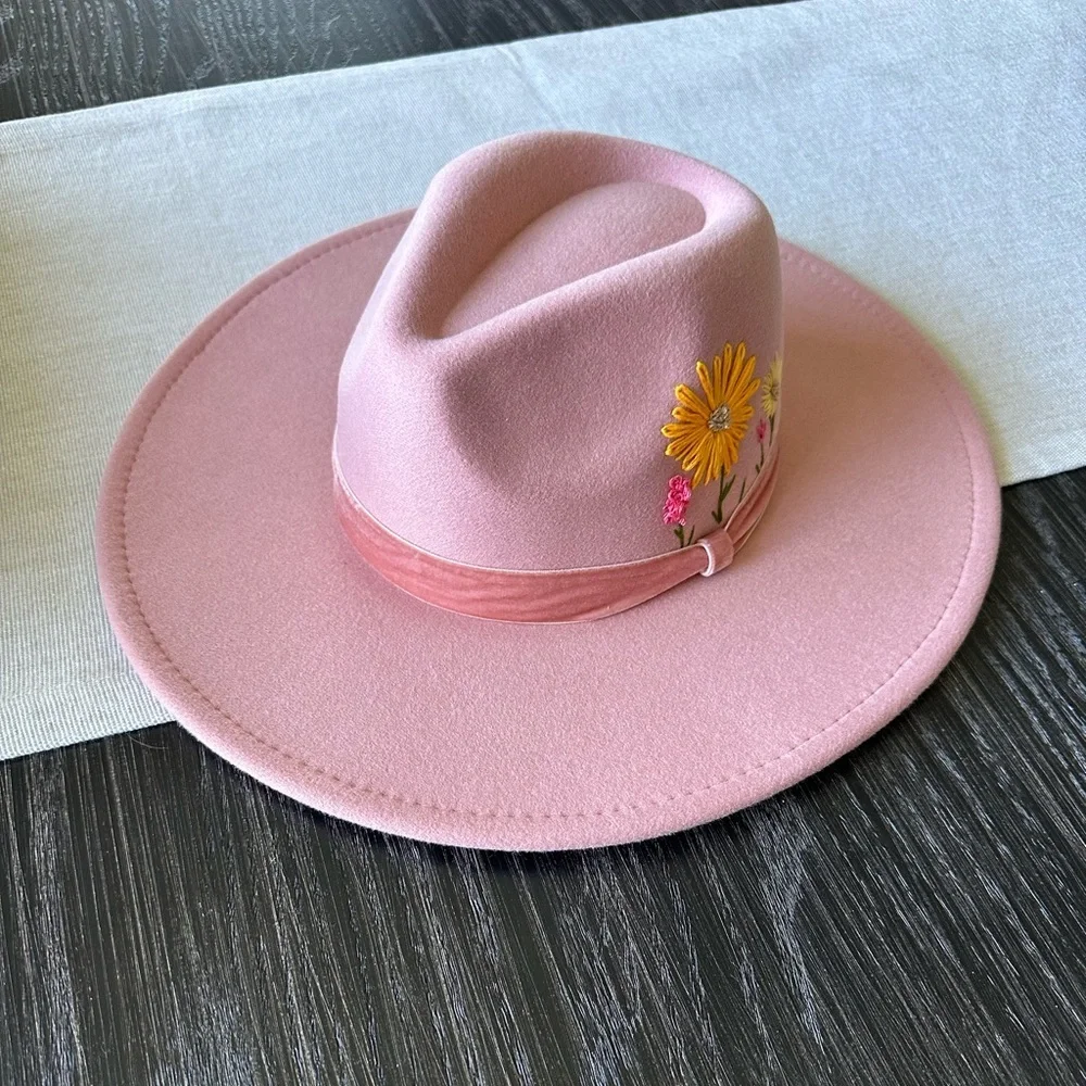 New Felt Hand-Embroidered Pink Floral Fedora, Adjustable! - Picture 3 of 6